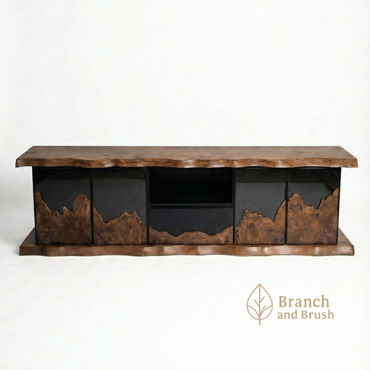 The Horizon Acacia & Glass Media Console - Made to Order (5-7 Weeks Lead Time)