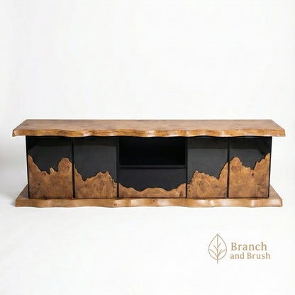The Horizon Acacia & Glass Media Console - Made to Order (5-7 Weeks Lead Time)