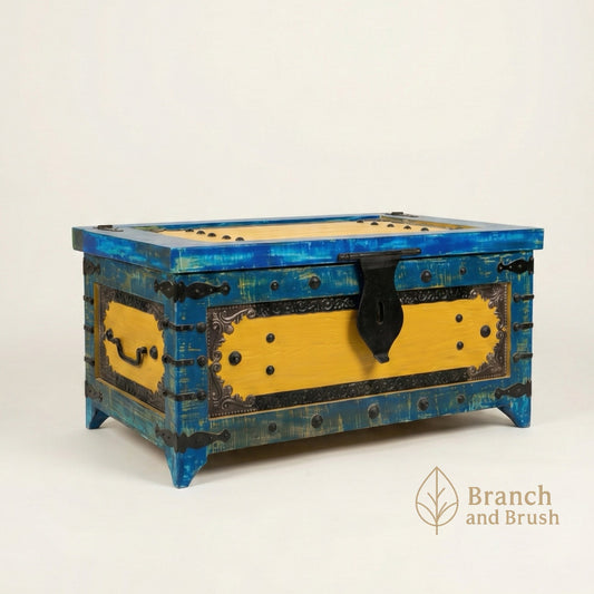 The Azure & Gold Ornate Rustic Storage Chest - ( Ready to Purchase )